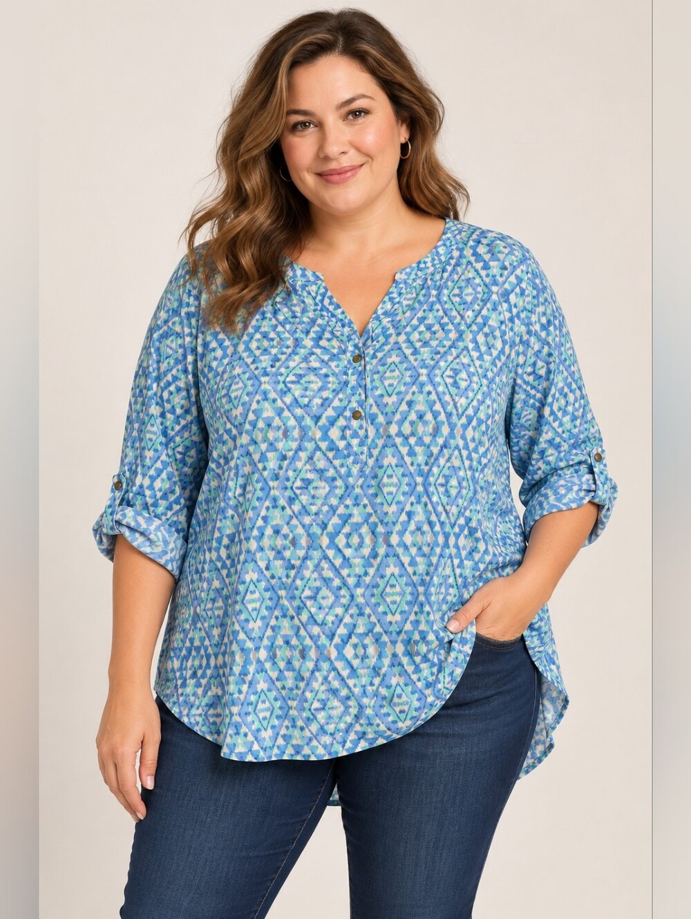 Croft & Barrow Blue Green Geometric Print Tunic Blouse XL 3/4 Sleeve